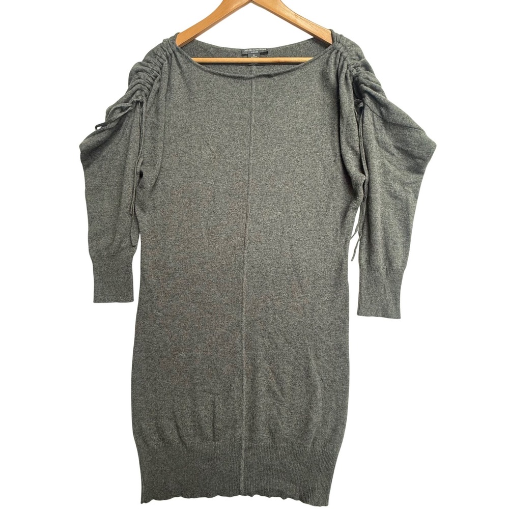 Chelsea Theodore Silk Cashmere Sweater Dress Gray Ruched Sleeve Knit Small